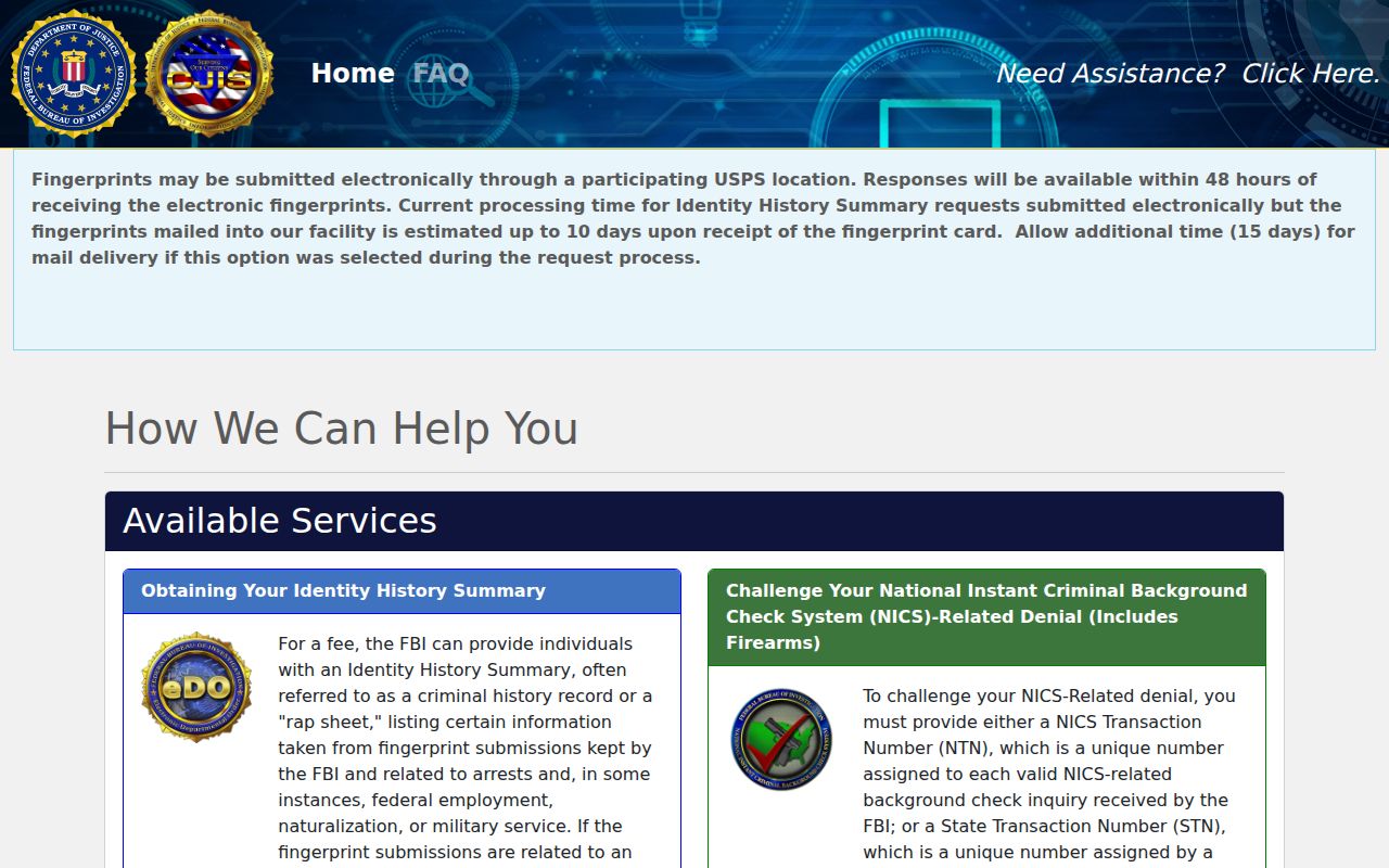 FBI electronic personal identity history request beyond Idaho arrest records