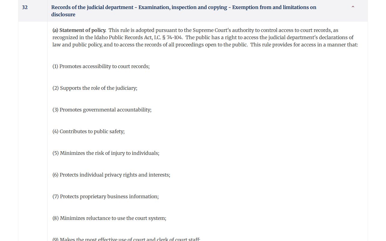 Idaho Court Administrative Rule 32 governing Clearwater criminal case access