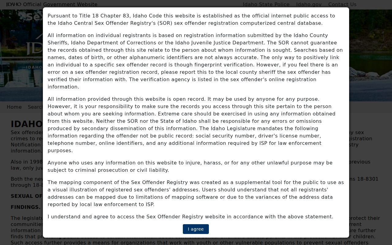 Clearwater County criminal history Idaho sex offender registry