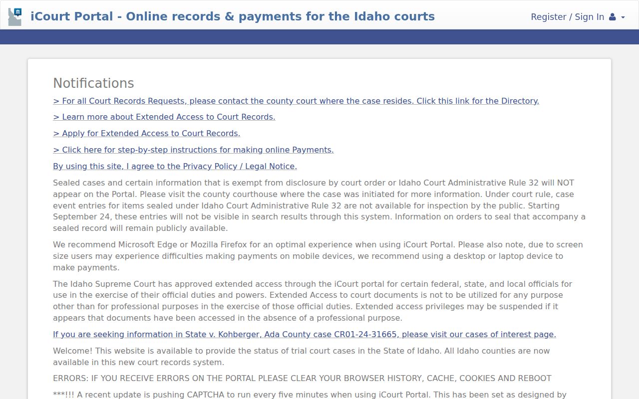 Clearwater County criminal history Idaho iCourt case search