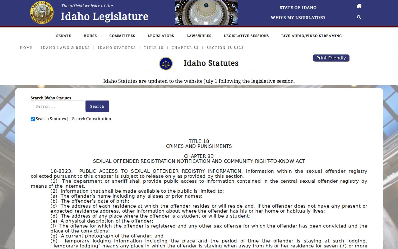 Idaho law governing public sex offender registry information
